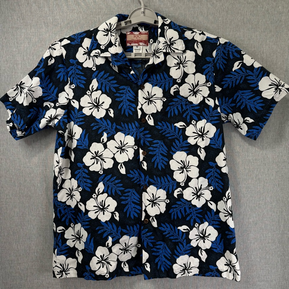 Mens Medium Navy RJC Hawaiian Floral Button Down Short Sleeve Shirt, Made in USA